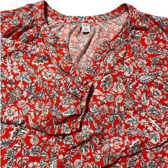 Old Navy Split Neck Long Sleeve Top Red Floral XL - Picture 4 of 10